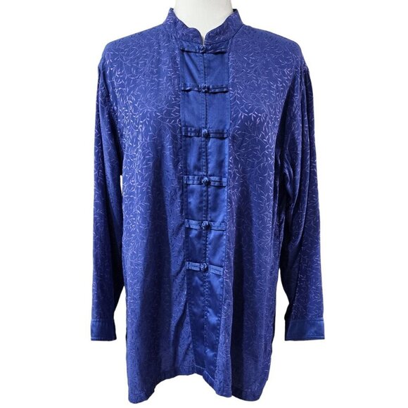 Chico's Silk Blend Blue Purple Periwinkle Asian Oriental Frog Button Top - Picture 1 of 9